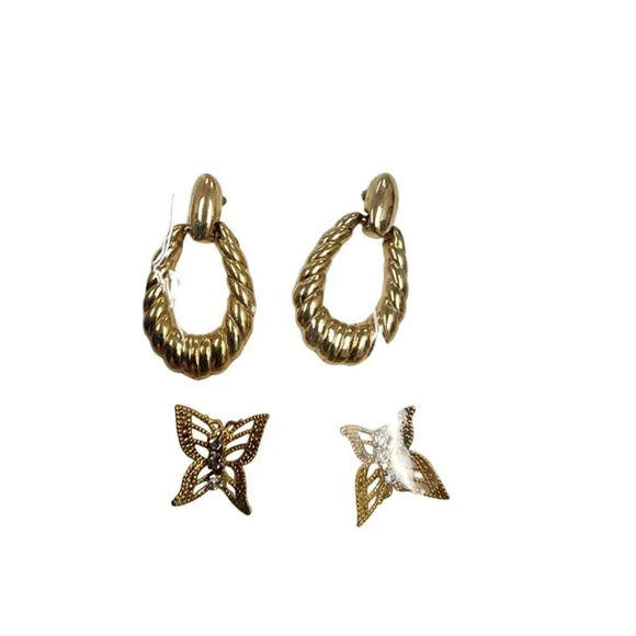 Vintage 60s-70s Door Knocker Dangle Drop Rhinestone Butterfly Earrings Gold Tone - Picture 1 of 2
